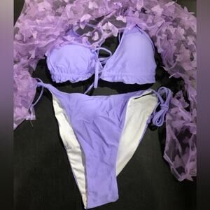 New 3 Piece Bikini Coverup Set Lavender Lilac High Cut Sexy Swimsuit 493 Size L‎